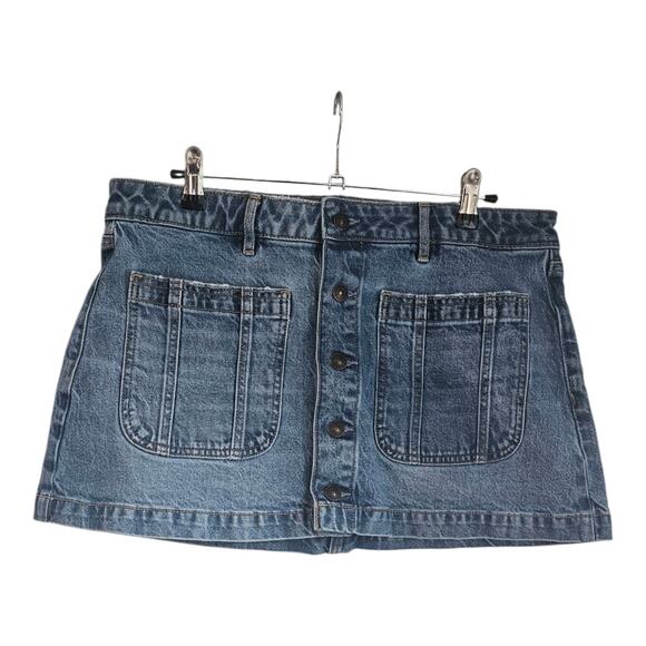 American Eagle Denim Jean Mini Skirt Size 12 Stretch Distressed Pockets - Picture 1 of 8